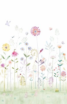 Wandbild 3,10 x 2,00 m pastellfarbene Sommerblumen Wiese Maulwurf Schmetterlinge
