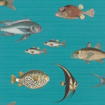 Turquoise blue non-woven wallpaper large and small fish Onszelf Stories Rasch 553536