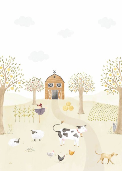 Wandbild 2,00 x 2,80 m Bauernhof Kuh Scheune Hühner Felder Bäume Hund