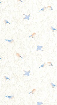 Vliestapete Blätter kleine Vögel weiß blau OUAT88316471