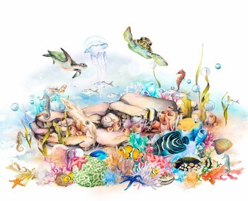 Wandbild 3,71 x 3,00 m Schildkröten Fische Unterwasserwelt pastellfarben Blau 365030
