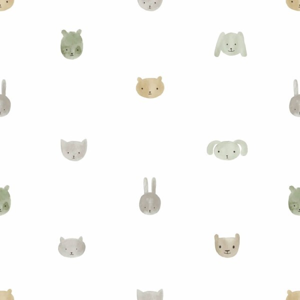 non-woven wallpaper bears cats rabbits animal heads white 014812