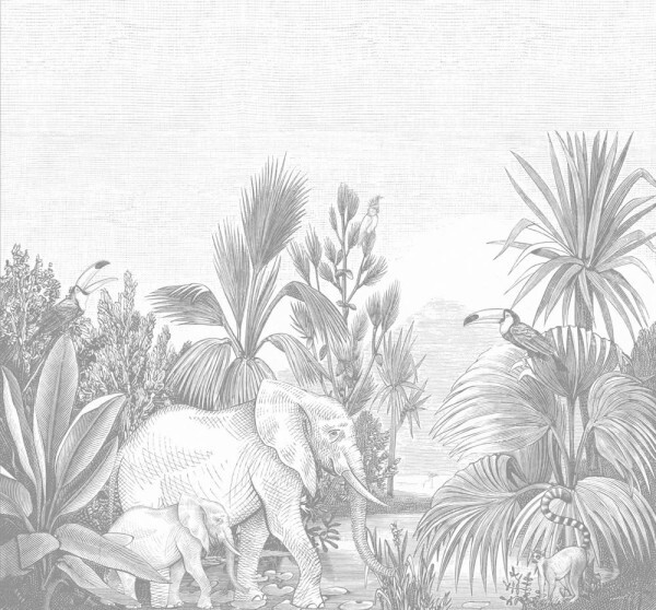 elephant family exotic animals murals grey-beige Woodland Rasch Textil 059061