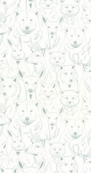 White and green wallpaper bears, rabbits and deer Caselio - Autour du Monde Texdecor ADM103527001