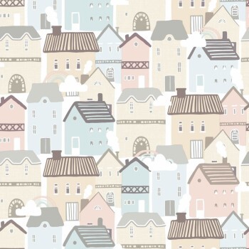 clouds and houses multicolored cream and blue wallpaper Mondobaby Rasch Textil 113031