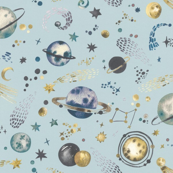 moon and stars space non-woven wallpaper blue Kids World Rasch 300949