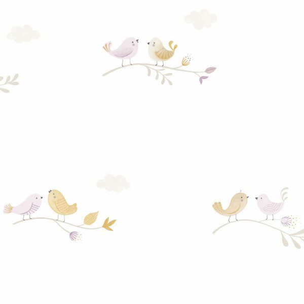Non-woven wallpaper branches white yellow purple little birds Rose & Nino RONI85585235