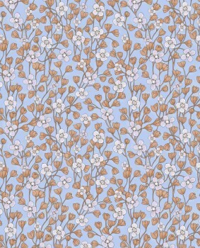 Flowers non-woven blue orange wallpaper