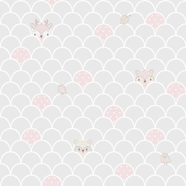 gray and pink wallpaper shapes and baby animals Mondobaby Rasch Textil 113018