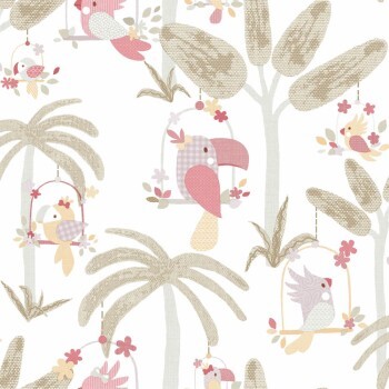Palmen und Papagei Dschungelmotive Tapete weiß rosa und blass grün Mondobaby Rasch Textil 113002