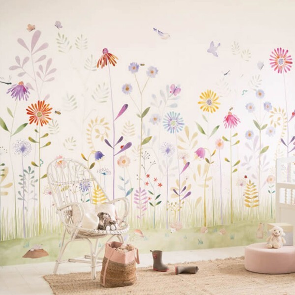 Wandbild 4,00 x 2,80 m pastellfarbene Blumenwiese Schmetterlinge