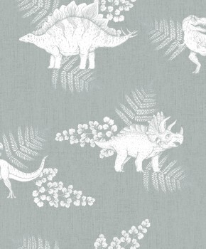 Dinos and flower tendrils wallpaper gray and white Kids Walls Marburg 45805