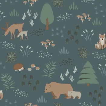 bears hedgehogs and deer non-woven wallpaper dark blue Woodland Rasch Textil 139248