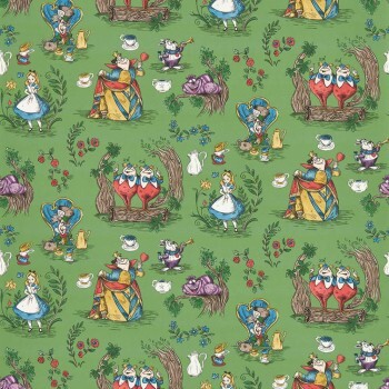 non-woven wallpaper Alice in Wonderland Hatter Queen of Hearts Disney green DDIW217285