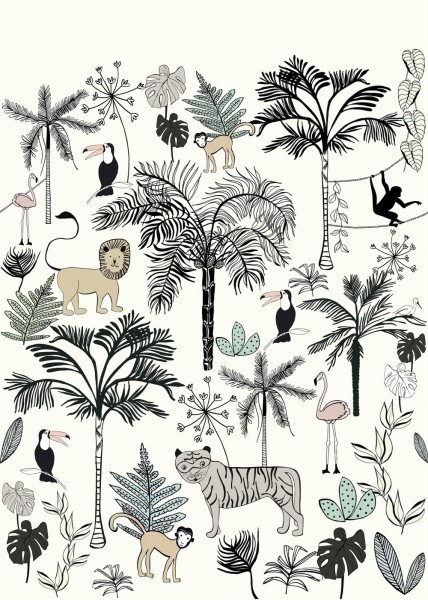 Mural Jungle Animals Lions Tigers Monkeys Palms Beige 842173