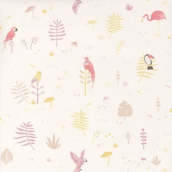 Non-woven wallpaper white birds pink