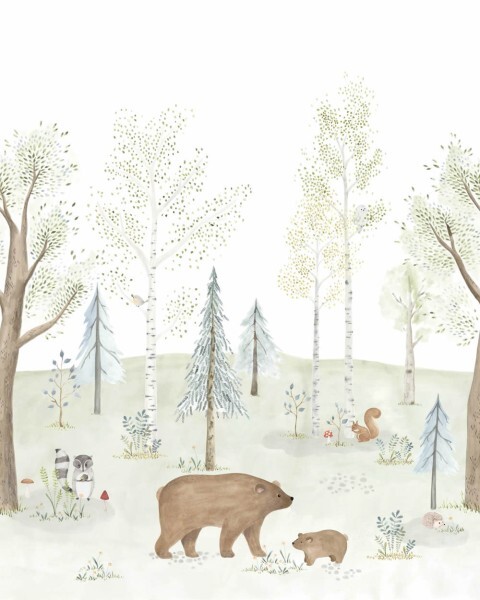 Wandbild 2,00 x 2,50 m Wald Waschbär Bären Eichhörnchen Bäume pastellfarben
