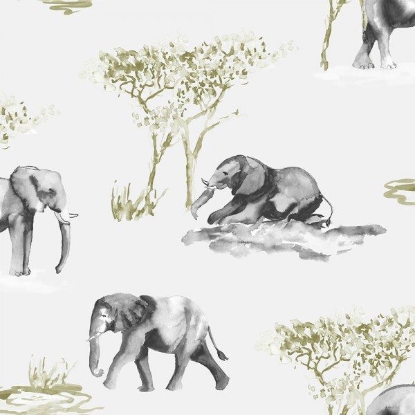 Wallpaper elephants green grey watercolor