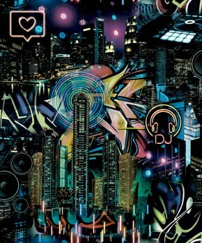 Non-woven wallpaper black colorful graffiti DJ skyline luminous