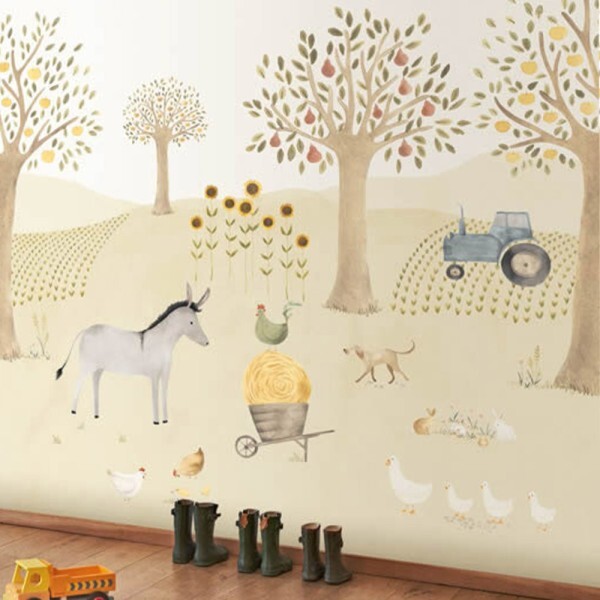Wandbild 2,00 x 2,80 m Traktor Esel Huhn Bauernhof Obstbäume pastellfarben
