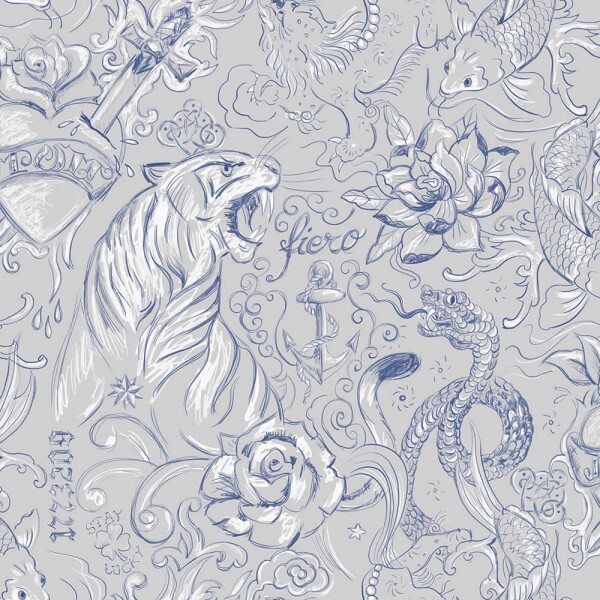 Wallpaper tattoo pattern grey blue