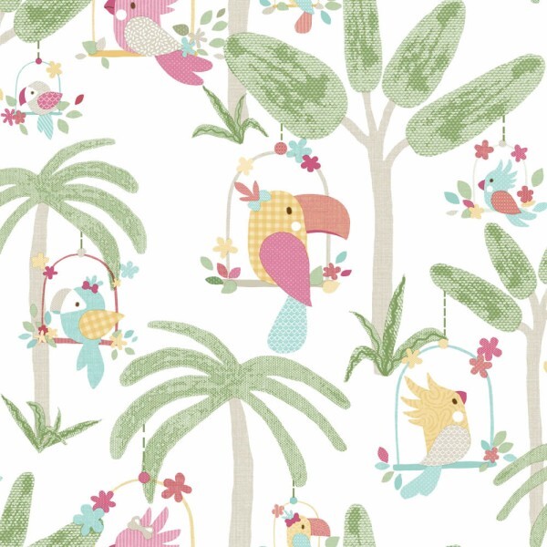 süße Papagei Palmen und Tiere Tapete weiß rosa und grün Mondobaby Rasch Textil 113003