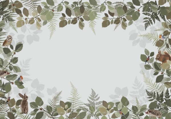 Haselnussbäume Tiere des Waldes Wandbilder grau grün Woodland Rasch Textil 159101