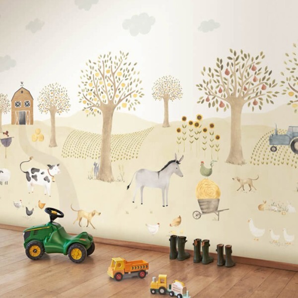 Wandbild 4,00 x 2,80 m Bauernhof Traktor Kuh Esel Hühner Obstbäume pastellfarben
