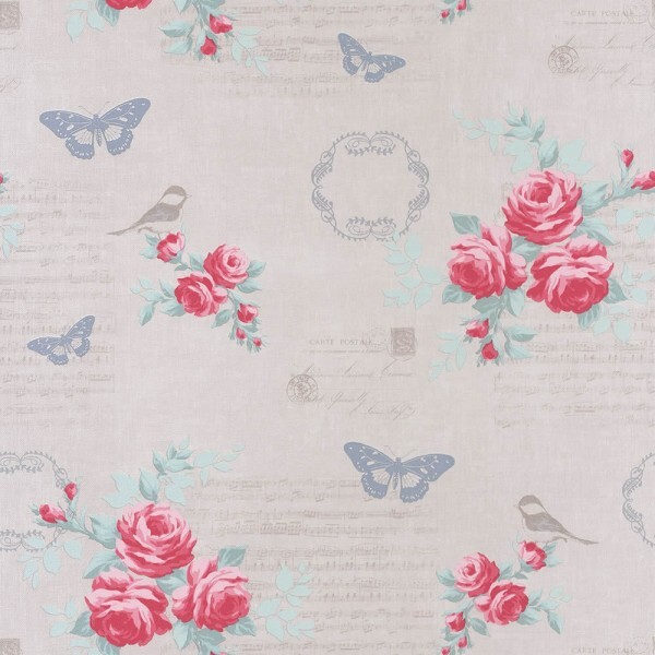 non-woven wallpaper pink flowers birds