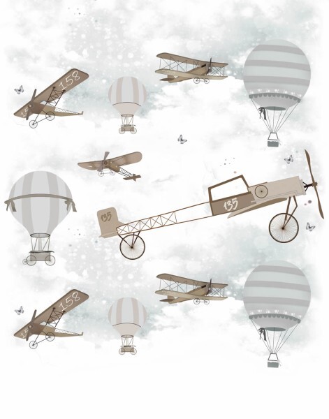 Heißluftballon und Flugzeuge Wandbild cream grau braun Kids Walls 45859