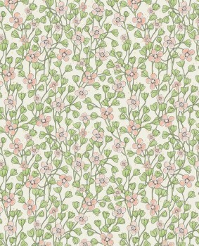 non-woven Wallpaper White Flowers Green Pink