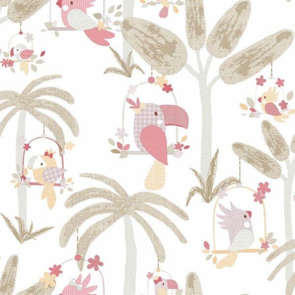 palm trees and parrot jungle motifs wallpaper white pink and pale green Mondobaby Rasch Textil 113002