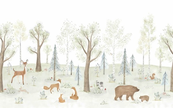 Wandbild 4,00 x 2,50 m Wald Füchse Bären Reh pastellfarben
