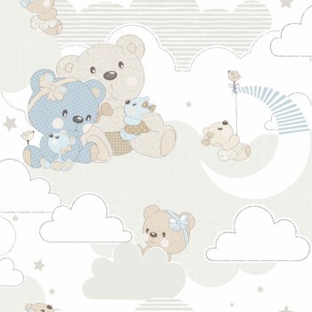 Beige weiß und blaue Tapete Bär, Mond und Wolken Mondobaby Rasch Textil 213037