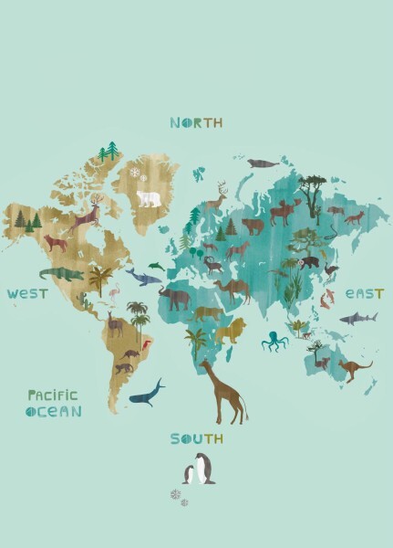 Wandbild Weltkarte Tiere der Erde hellblau 557749