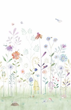 Wandbild 3,10 x 2,00 m Blumenwiese Wildblumen Schmetterlinge Igel pastellfarben