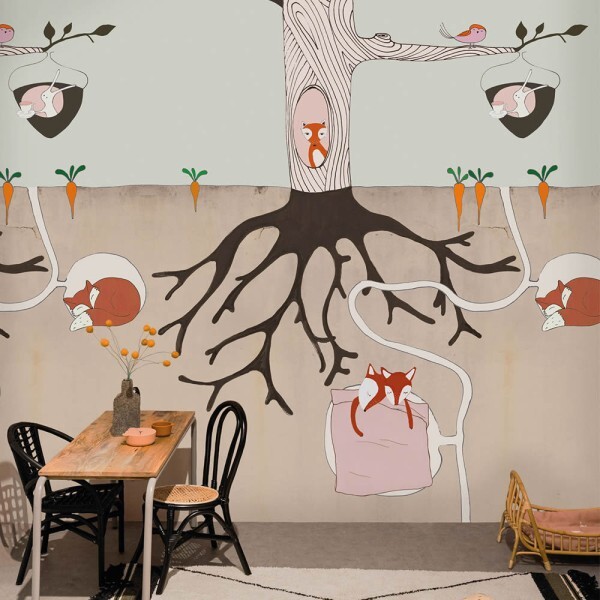 Wandbild Fuchsbau Waldtiere Füchse Baum beige erdfarben 557787
