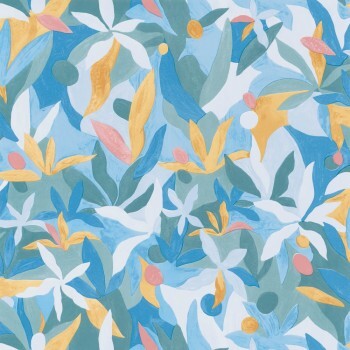 Non-Woven Wallpaper Blue Colorful Leaves Caselio Imagination IMG102166114