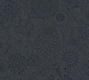 Non-woven wallpaper black flowers