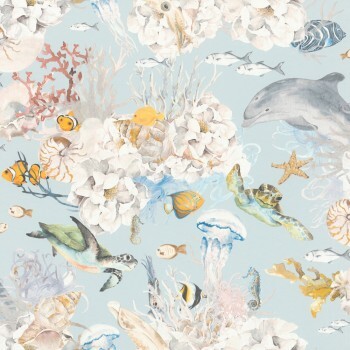 pastel-colored coral underwater world non-woven wallpaper blue Kids World Rasch 301328_L