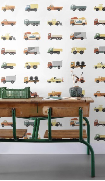 White and colorful mural trucks and tractors Woodland Rasch Textil 159048
