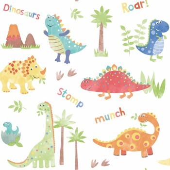 White and colorful non-woven wallpaper painted Dinos Tiny Tots 2 Essener G78364