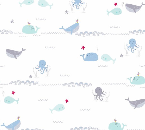 whales and octopuses non-woven wallpaper blue and white Little Love AS Creation 381301