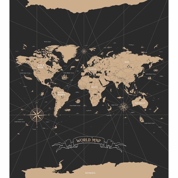 World map mural black and cream Caselio - Young and free Texdecor YNF103419201