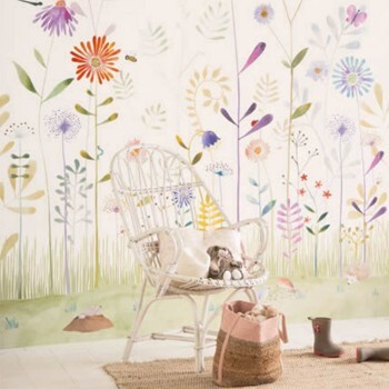 Wandbild 2,00 x 2,50 m Wildblumenwiese Igel Maulwurf Schmetterlinge pastellfarben