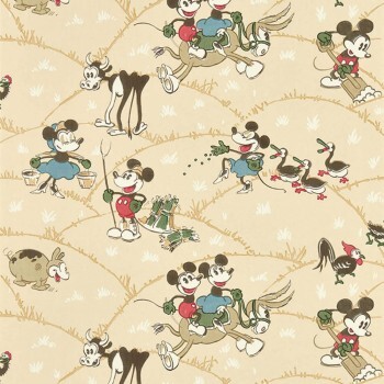 Vliestapete Micky Maus und Minni Maus Bauernhoftiere Disney beige DDIW217267