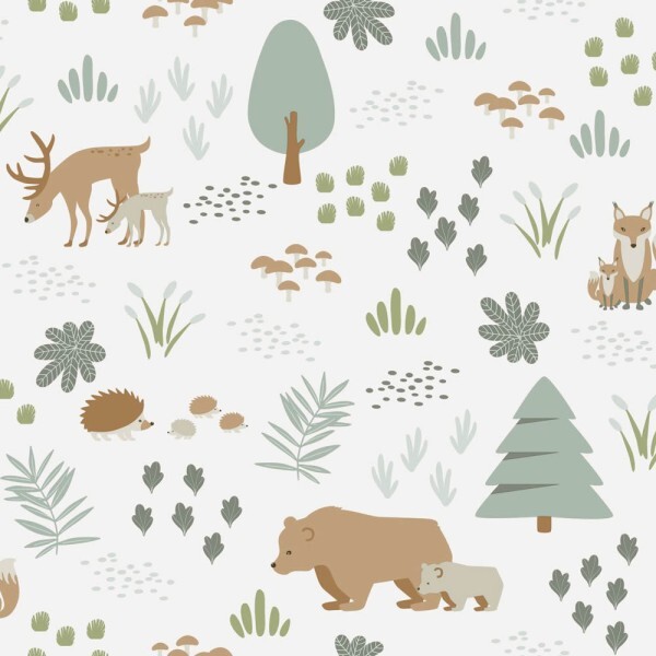 bears and deer white and mint green non-woven wallpaper Woodland Rasch Textil 139247