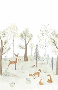 Wandbild 3,10 x 2,00 m Wald Bäume Reh Füchse pastellfarben
