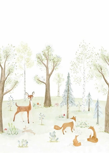 Wandbild 2,00 x 2,80 m Waldtiere Reh Füchse Bäume pastellfarben