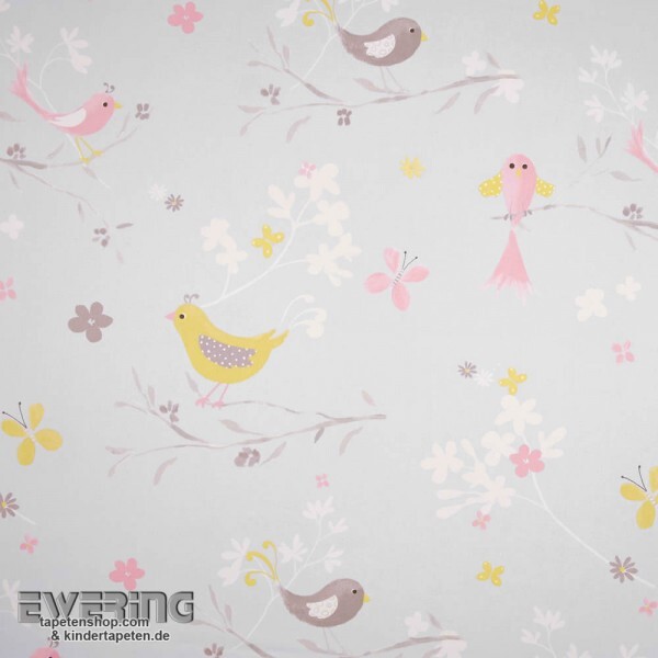 Decoration fabric light-grey birds blossoms
